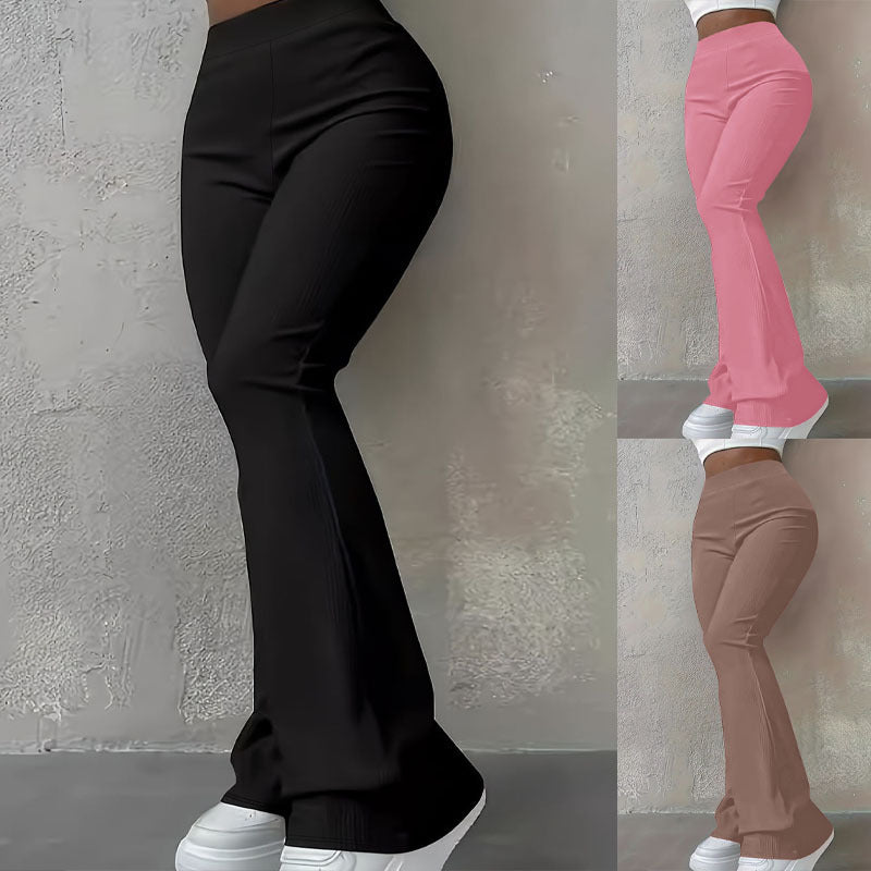 Womens Casual Simple Stylish Slim-Fit Ribbed Solid-Color High-Waisted Trousers by Ricaloux