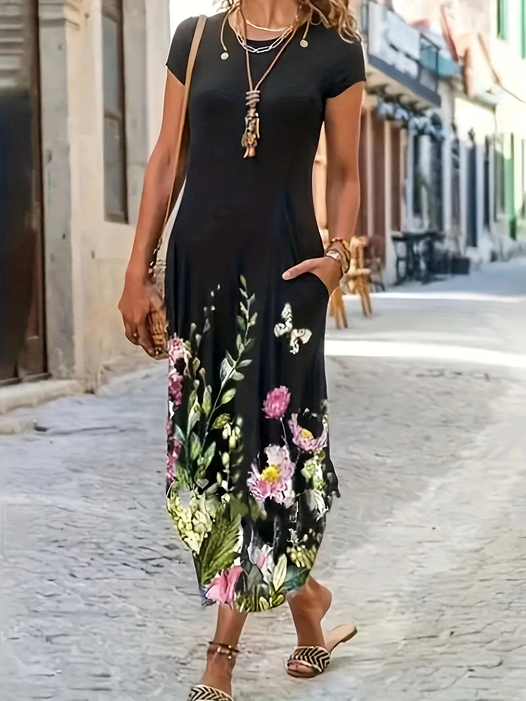 Women's Floral Print Short Sleeve Maxi Dress With Pockets Casual Round Neck Loose Fit Long Dress For Summer by Ricaloux