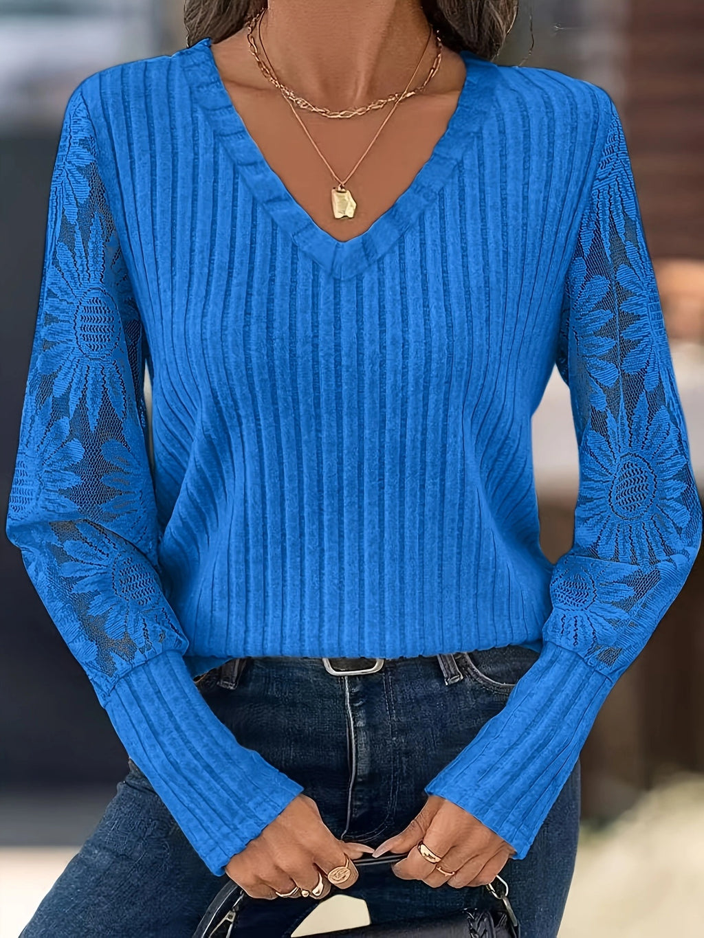 Knitted Patchwork Lace Long-sleeved Top by Ricaloux