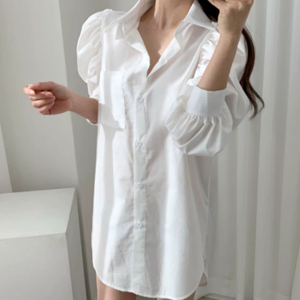 Loose Mid To Long Pleated Design Bubble Sleeve Shirt For Women by Ricaloux