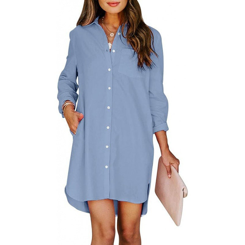Pocketed Cotton-buttoned Belted Long-sleeved Solid-color High-low Blouse by Ricaloux