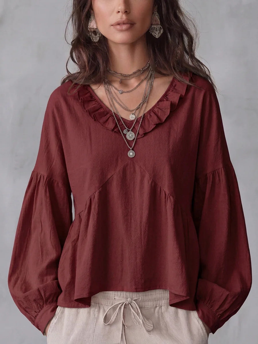 Vintage Lace-trimmed V-neck Long-sleeve Blouse – Premium 0 | RICALOUX