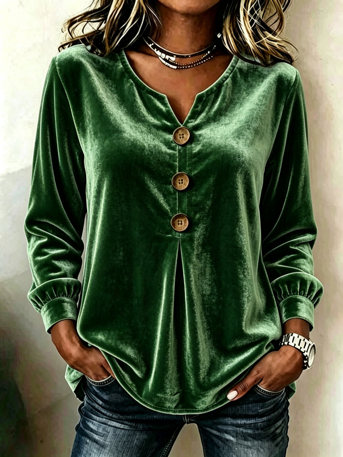 Elegant V-neck Buttoned Long-sleeve Velvet Blouse For Women by Ricaloux