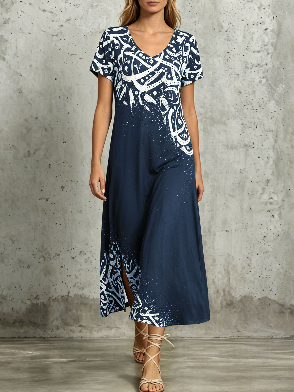 Women's V-Neck Short Sleeve Bohemian Print Split Hem Maxi Dress Casual Loose Long Dress For Vacation – Premium 4 | RICALOUX