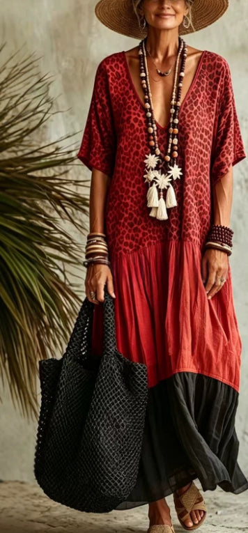 Casual Leopard-Print Colorblock V-Neck Dress by Ricaloux