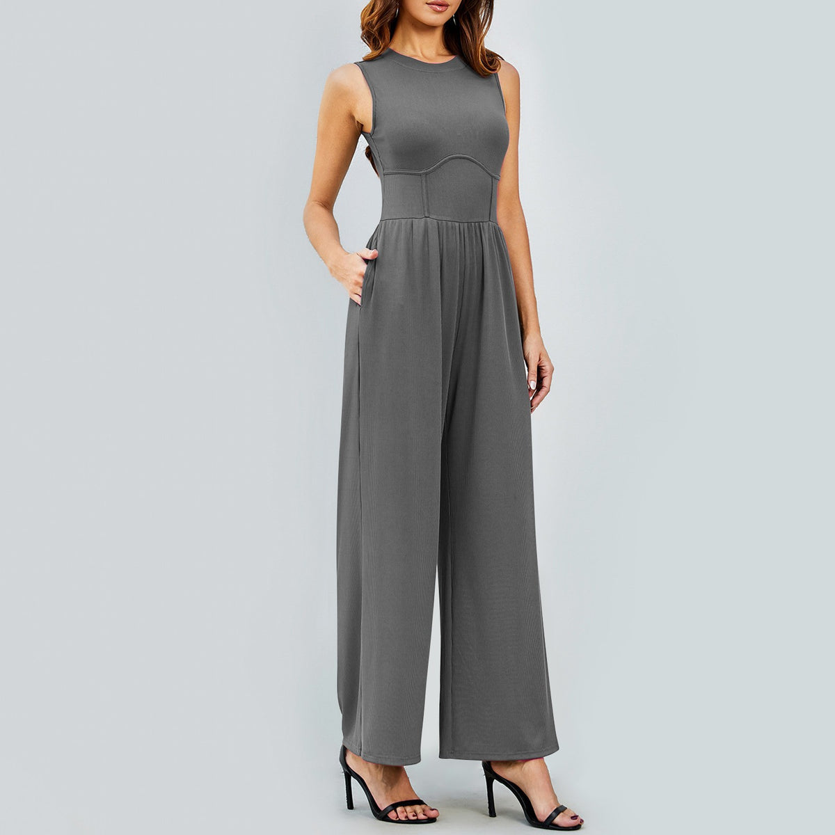 Womens Round-neck Solid-color Sleeveless Slim-fit Long Casual Jumpsuit by Ricaloux