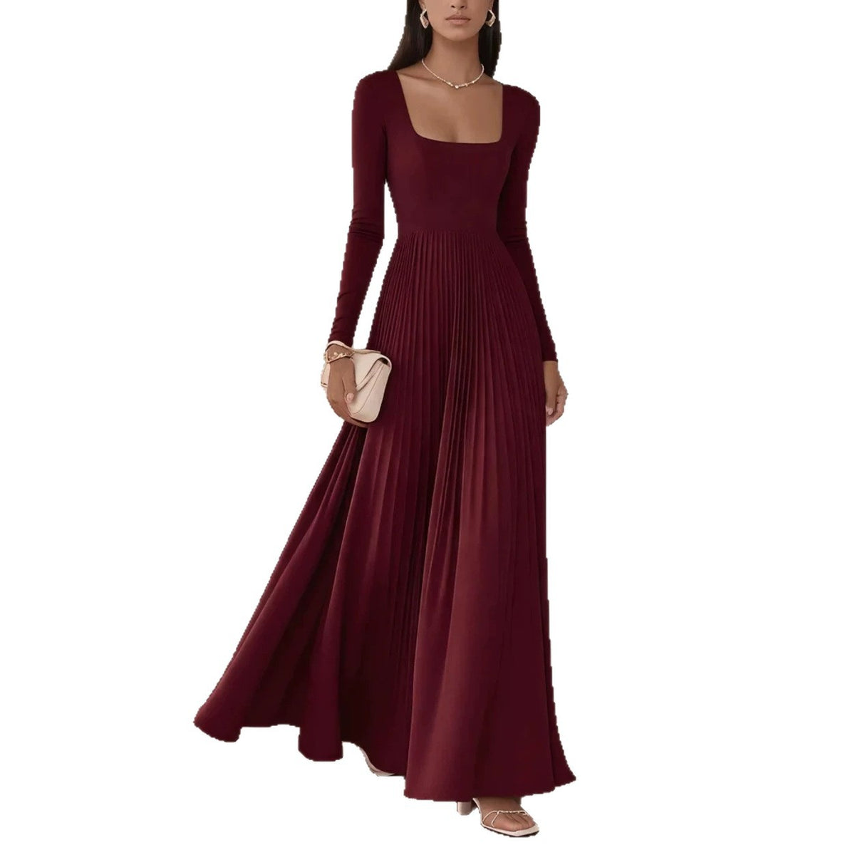 Womens Square-neck Long-sleeve Waist-cinching Pleated Dress – Premium 0 | RICALOUX
