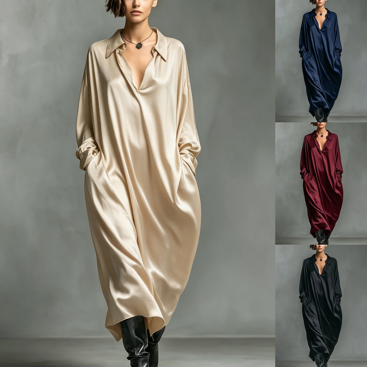 Solid-color Satin Long-sleeve Shirt Dress by Ricaloux