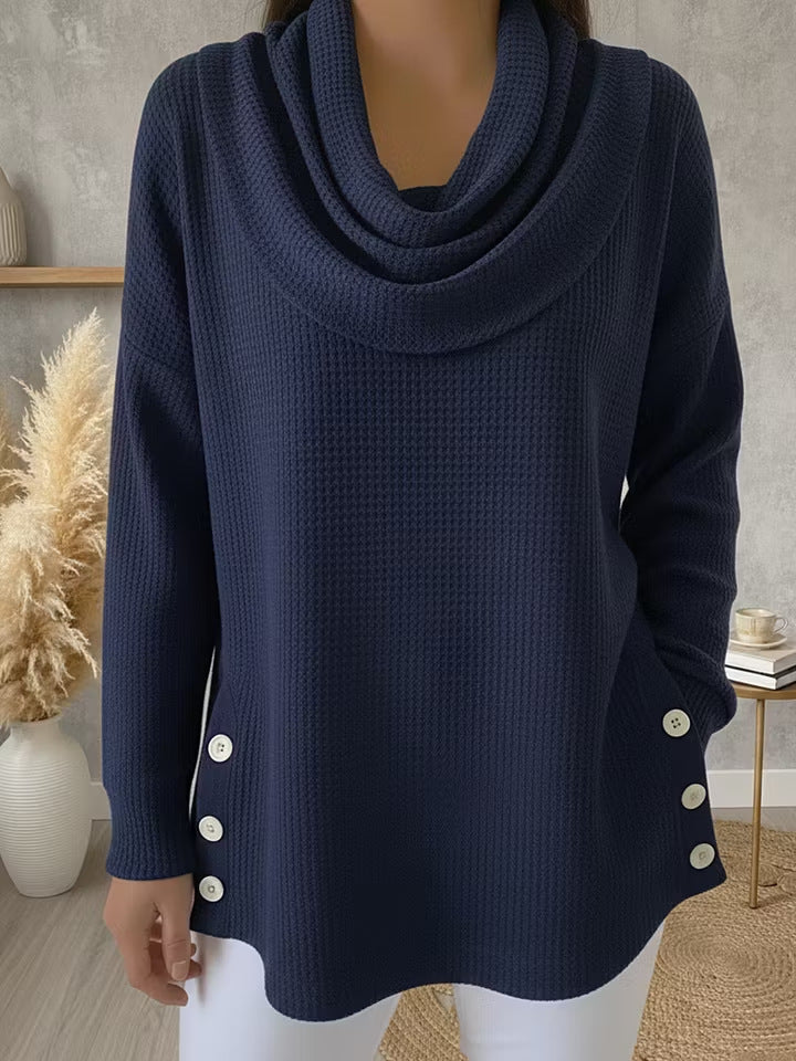 Solid-color Turtleneck Pullover Long-sleeve Womens Top With Buttons by Ricaloux