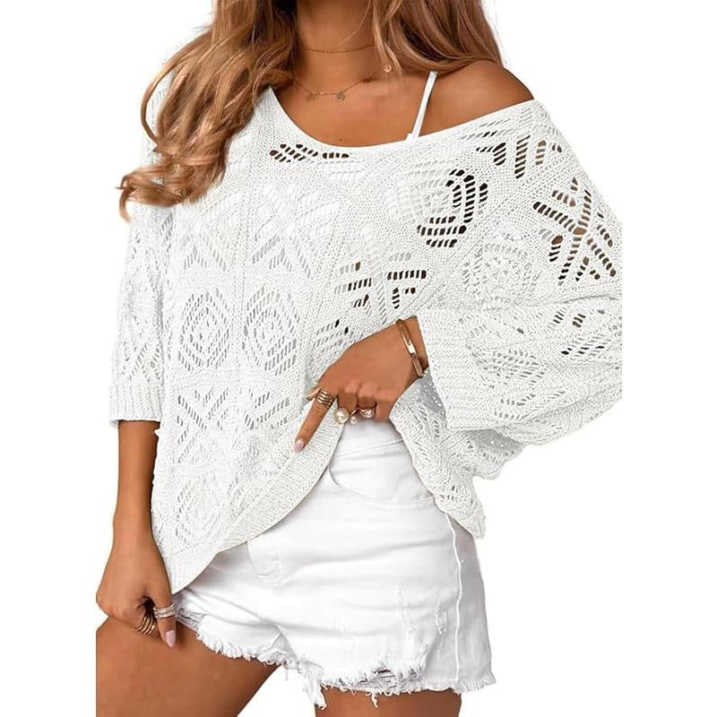 Crochet Hollowed-Out Three-Quarter-Sleeve Pullover Sweater – Premium 0 | RICALOUX