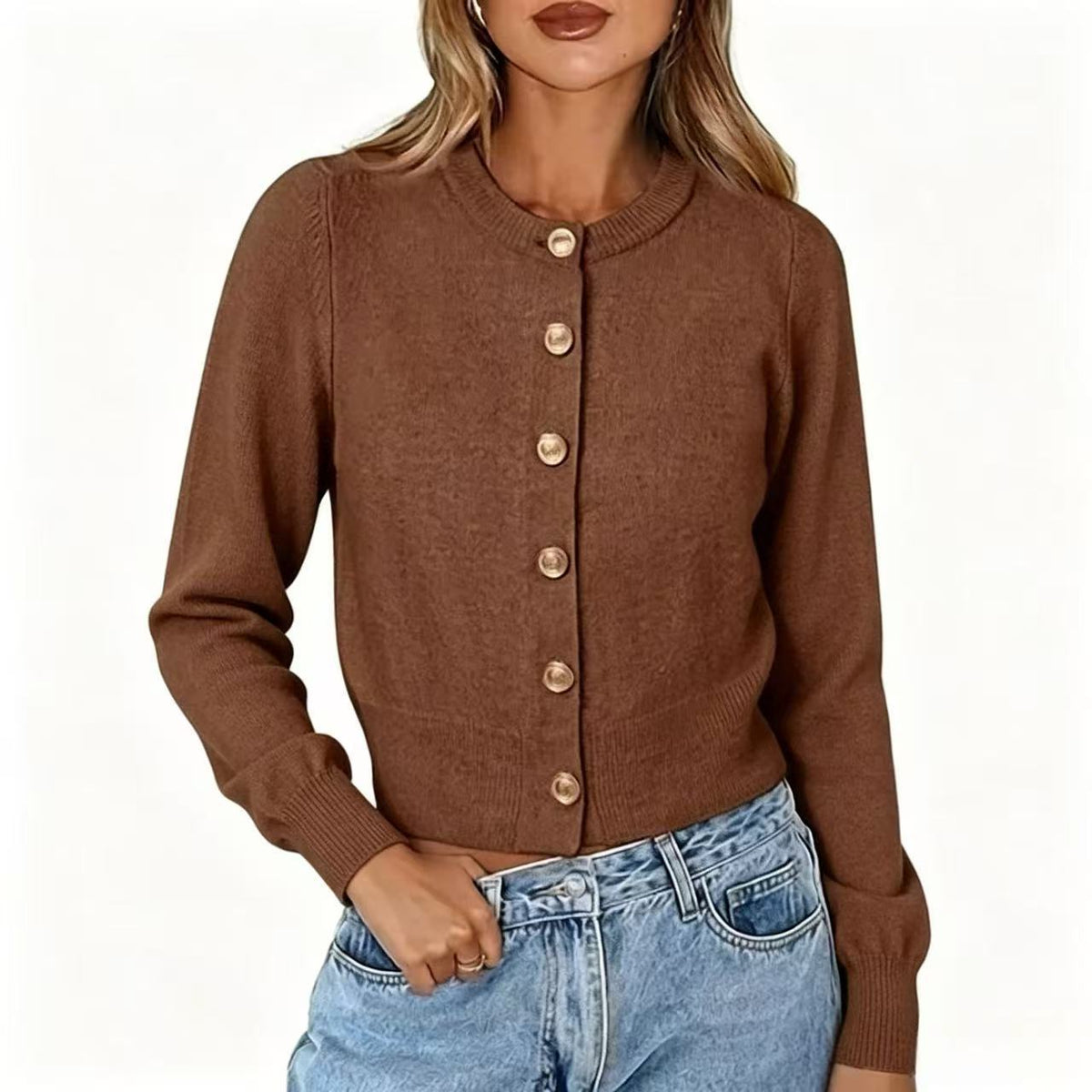 Autumn Casual Crew-neck Single-breasted Long-sleeve Cropped Knit Cardigan – Premium 0 | RICALOUX