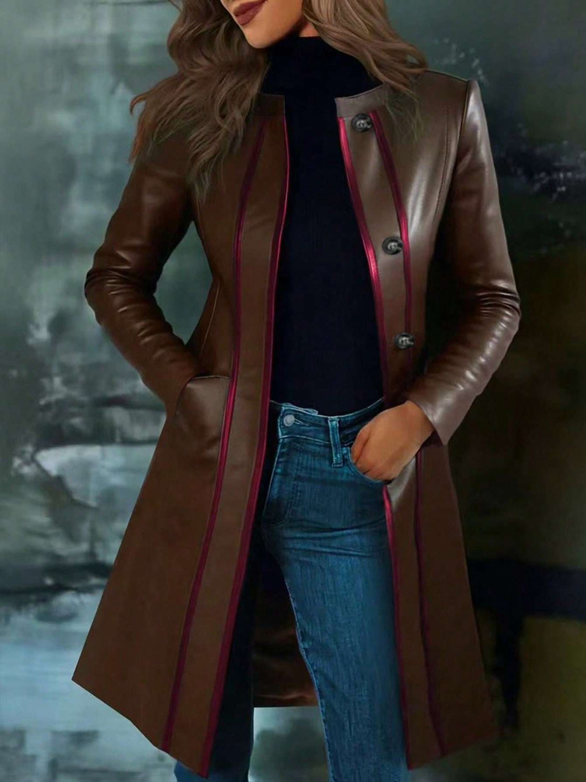 Retro Black Color-block Collar Leather Jacket Trench Coat – Premium 0 | RICALOUX