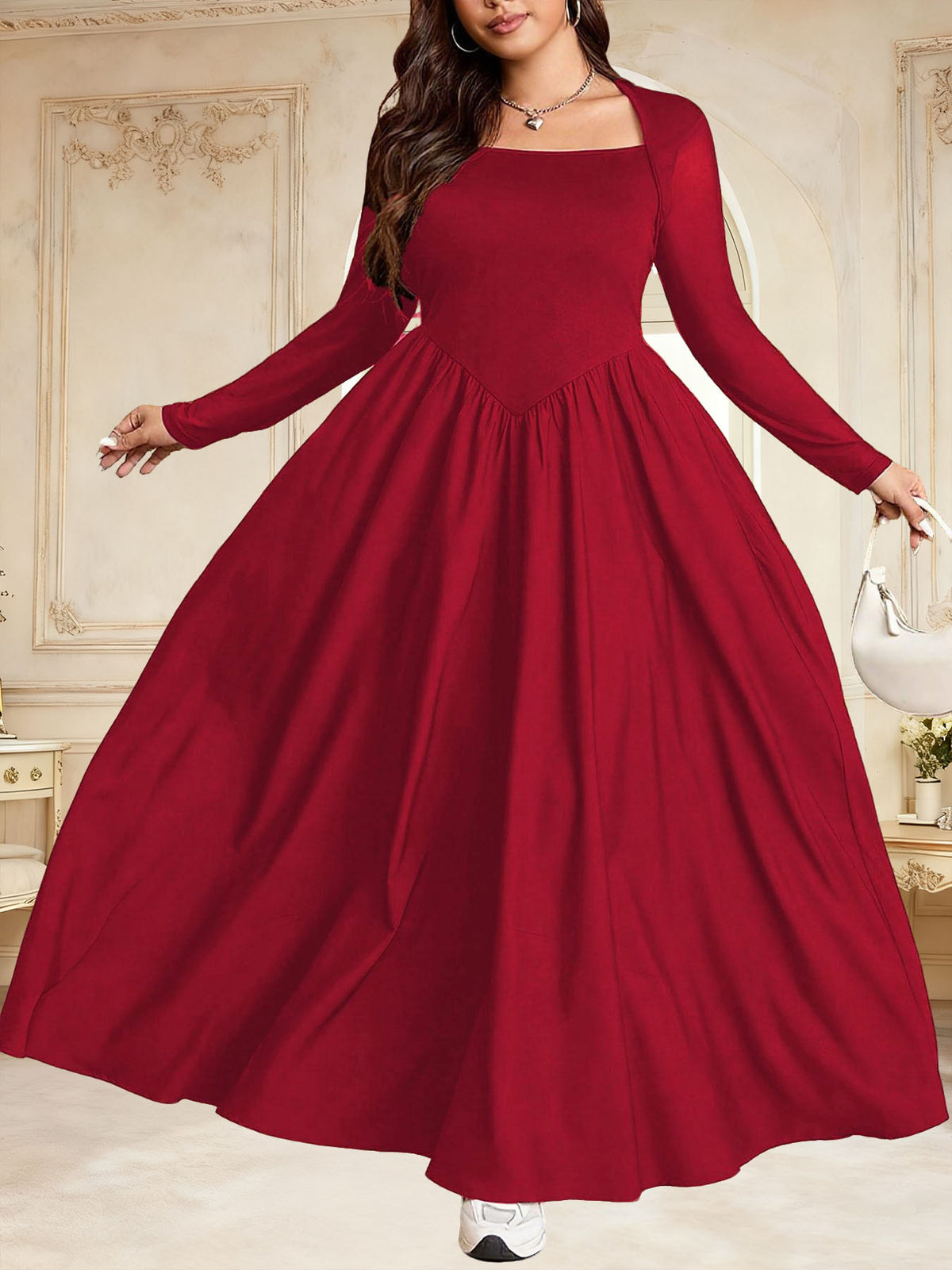 Womens Solid-color Vintage Square-neck Elegant Dress by Ricaloux