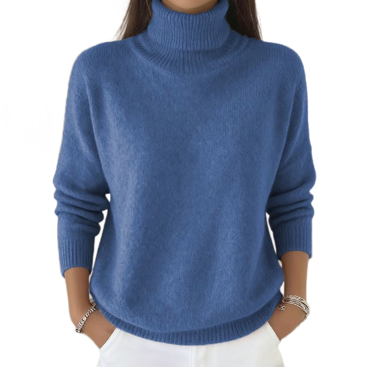 Womens Loose-fitting Solid-color Turtleneck Pullover Knit Sweater by Ricaloux