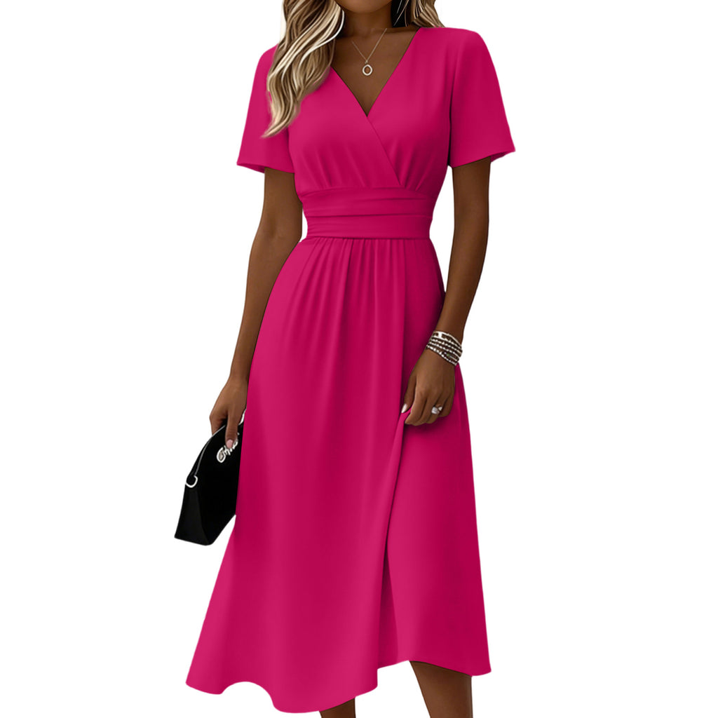 Womens Solid-Color Casual Short-Sleeve V-Neck Dress by Ricaloux