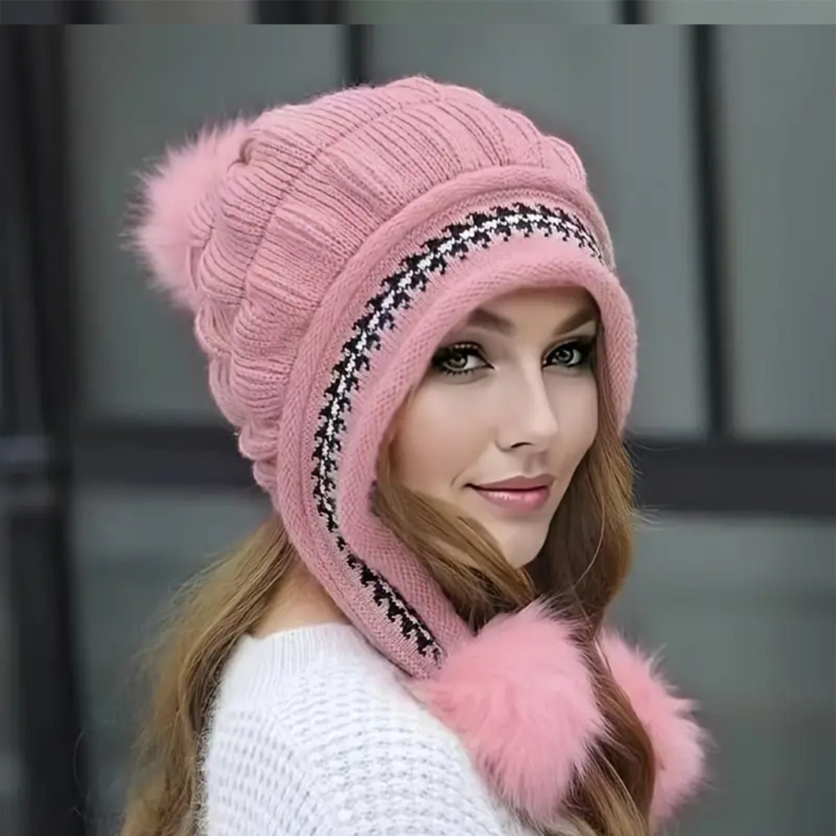 Cozy Knit Fleece-Feel Beanie With Ear Flaps & Pompom Warm Winter Hat For Women Perfect For Skiing & Outdoor Activities - RICALOUX