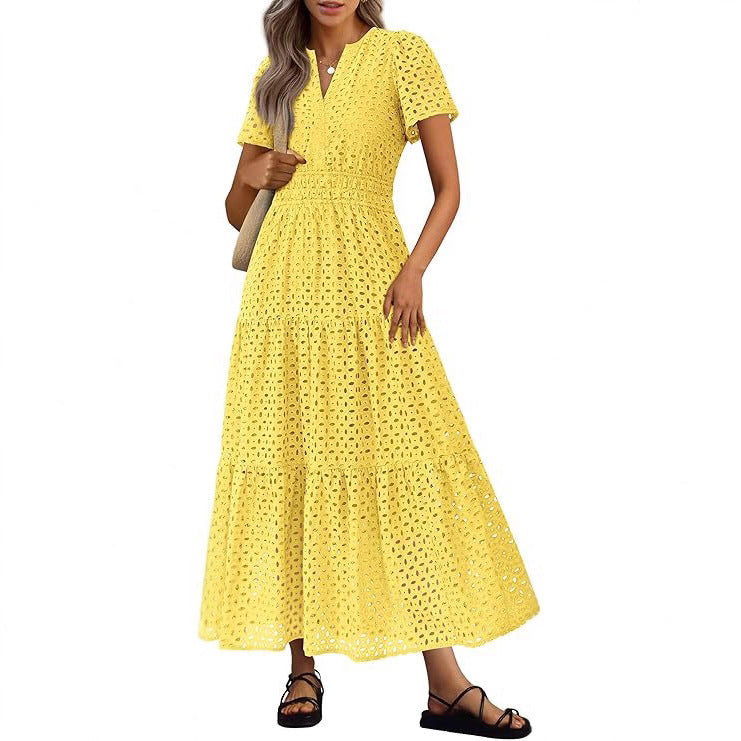 Womens Short-Sleeve V-Neck Hollow-Out Dress by Ricaloux