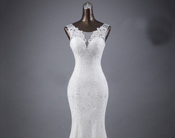 Lace slim and thin double shoulder tail wedding dress - RICALOUX