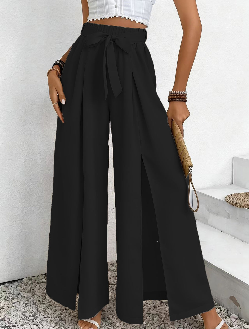 Summer New Solid-Color Casual Lace-Up Loose Womens High-Waisted Wide-Leg Long Pants by Ricaloux