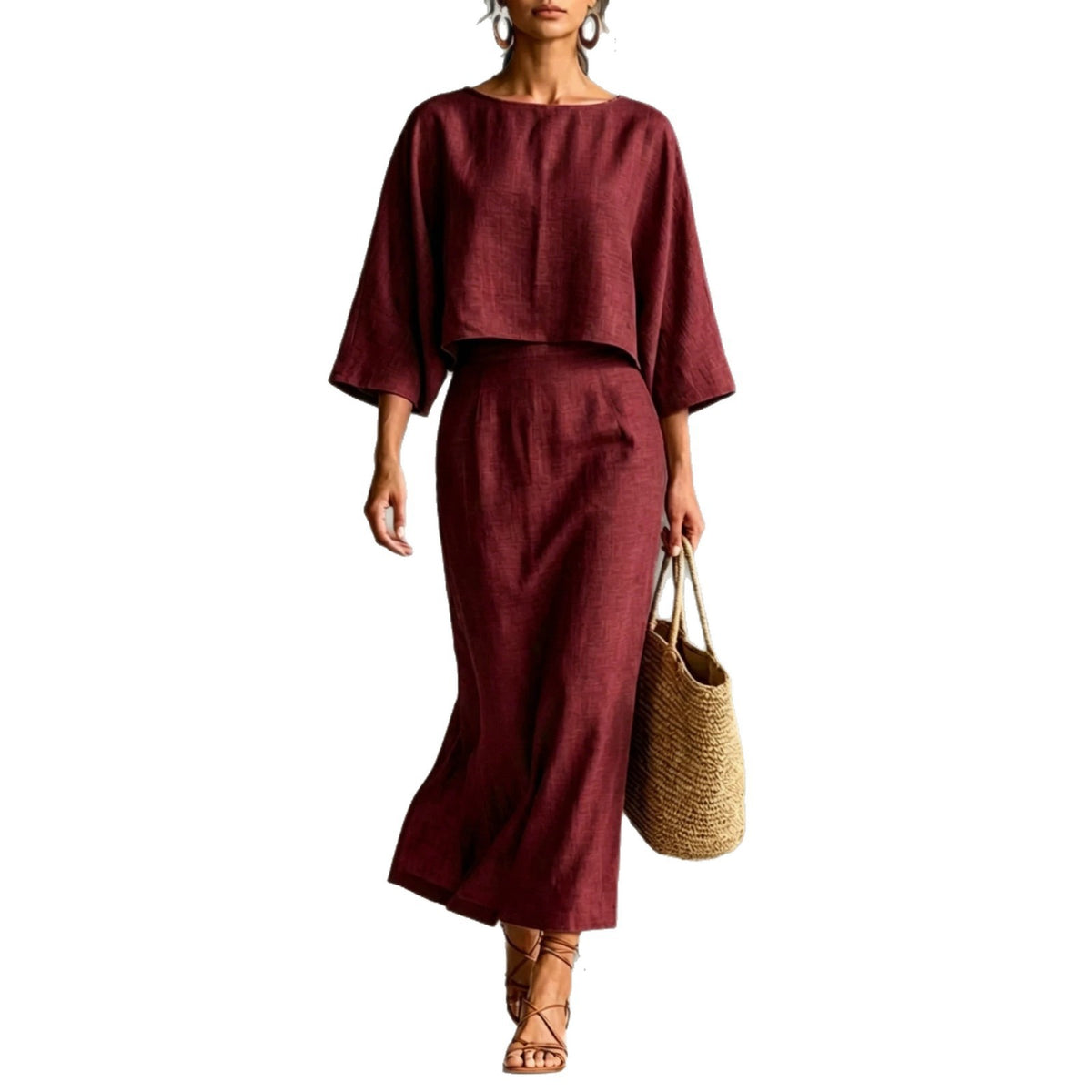 High Waisted Long Skirt Set With A Round Neck Three Quarter Sleeved Loose Fitting Womens Top – Premium 0 | RICALOUX