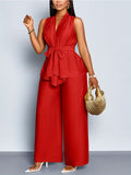 Womens V-neck Sleeveless Asymmetrical Top And Wide-leg Pants Set by Ricaloux