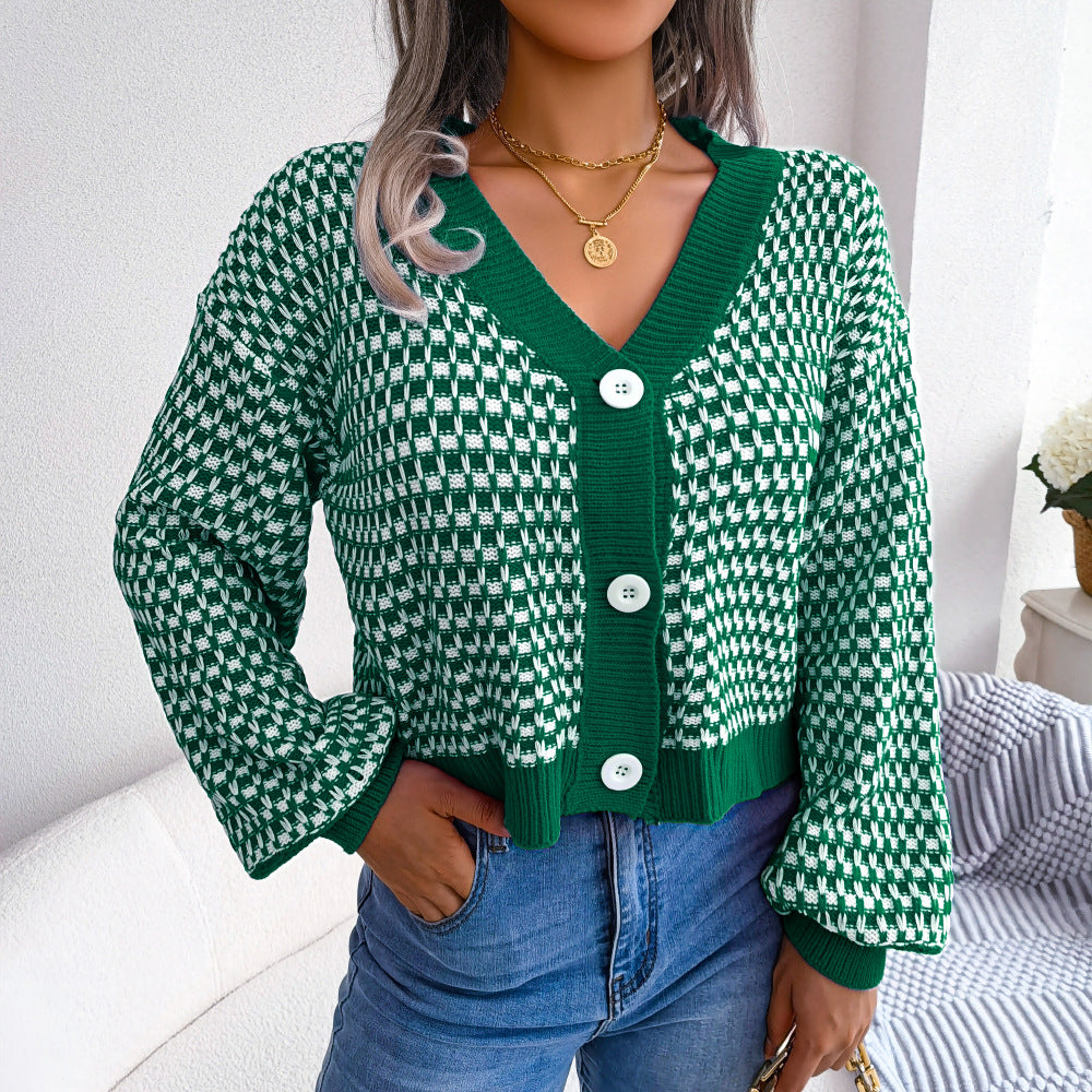 Autumn Winter European And American-style Color-block Plaid Cardigan Sweater With Puff Sleeves – Premium 0 | RICALOUX