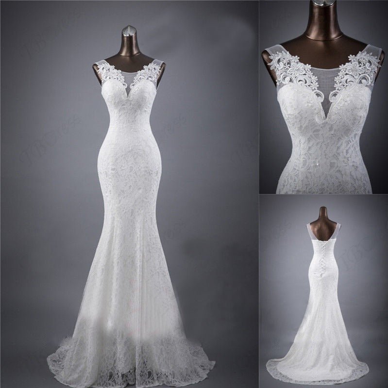 Lace slim and thin double shoulder tail wedding dress - RICALOUX