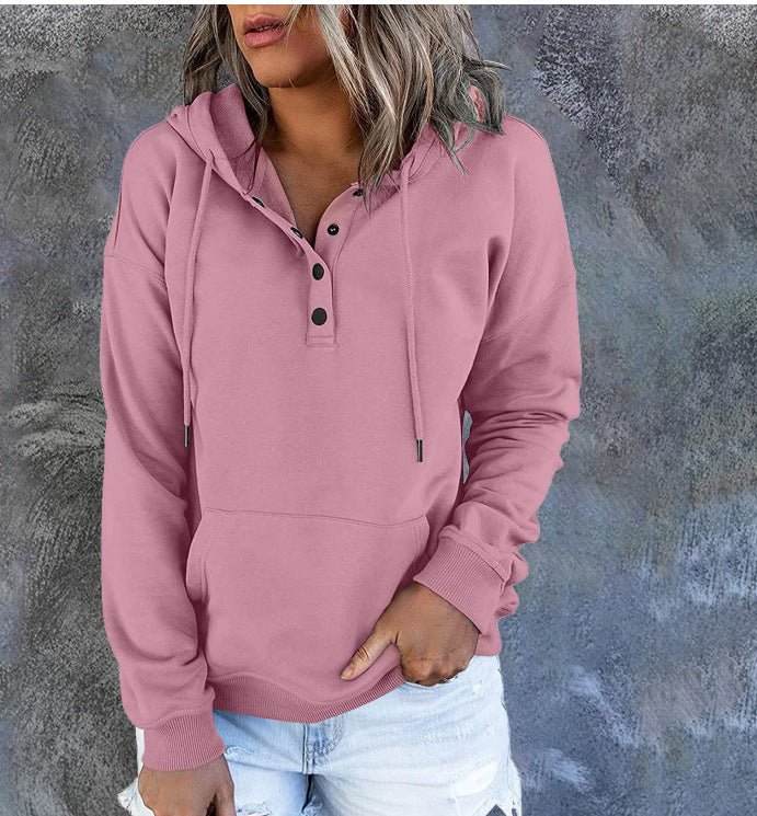 Long-sleeved Hooded Sweatshirt With Pockets Fashion Casual Button Drawstring Design Hoodie Top Spring And Autumn Sports Clothing For Women - RICALOUX