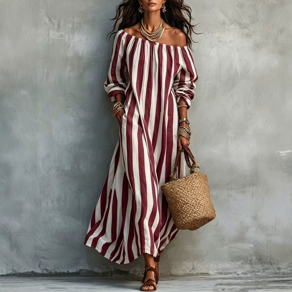 Striped Off Shoulder Vacation Dress by Ricaloux