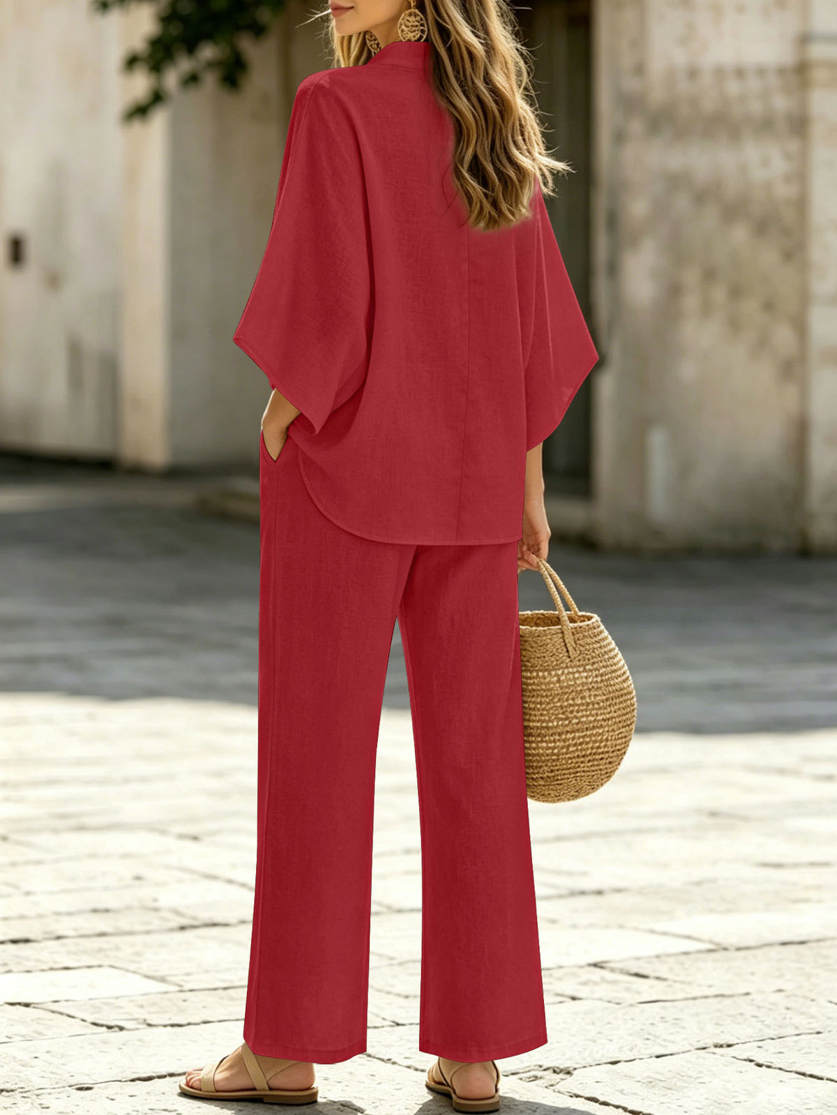 Women's Two Piece Outfit Stand Collar Half Button Batwing Sleeve Top & Wide Leg Pants Set Casual Blend Loose Tracksuit For Summer by Ricaloux