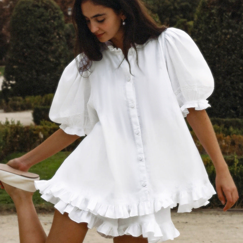 Womens Cardigan Top With Ruffled Hem And Shorts Set by Ricaloux