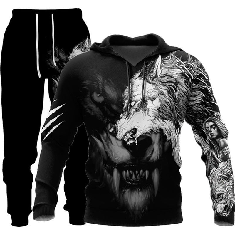 Animal-print Hooded Pullover Sweatshirt And Menswomens Sportswear Set by Ricaloux