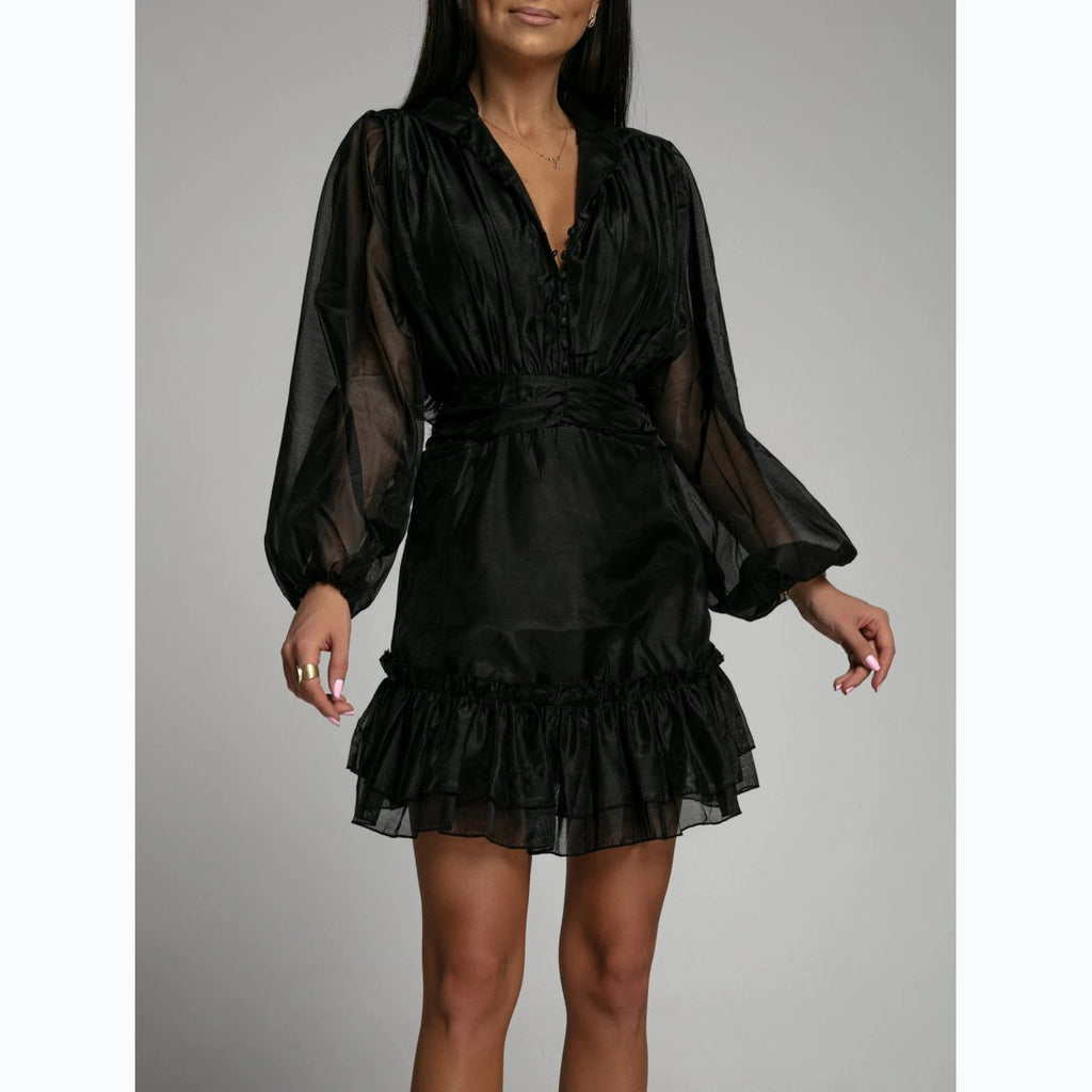 Fashionable Button-front Waist-cinching Lace Dress With Ruffled Hem – Premium 0 | RICALOUX