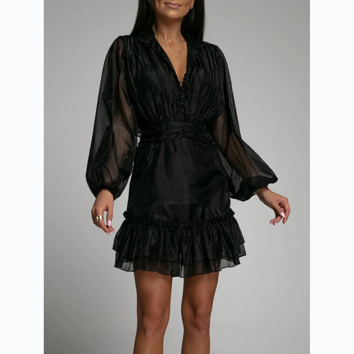 Fashionable Button-front Waist-cinching Lace Dress With Ruffled Hem – Premium 0 | RICALOUX