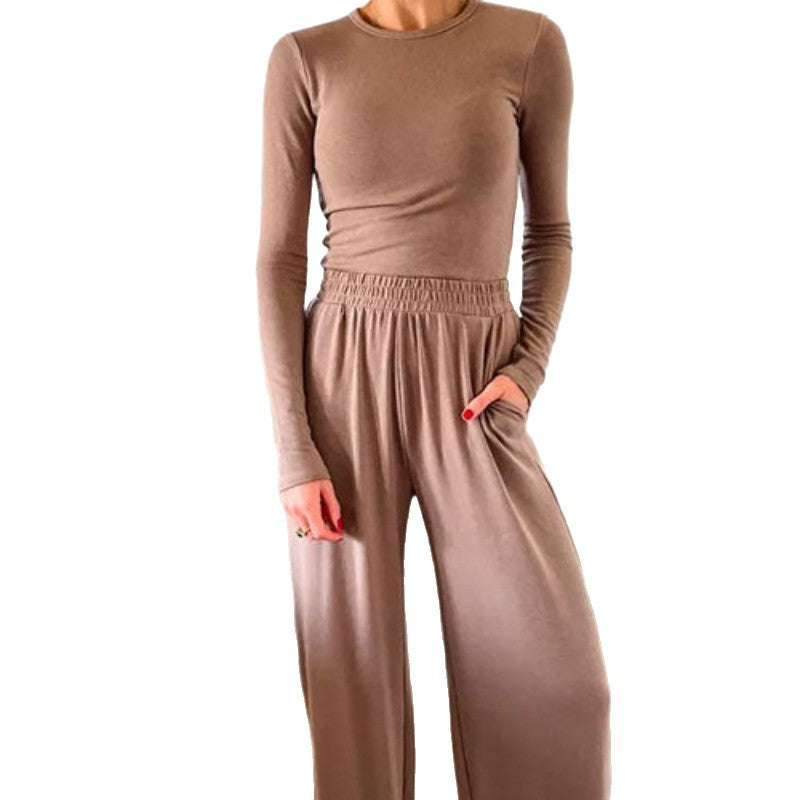Womens Fashionable Two-Piece Long-Sleeve Wide-Leg Casual Set by Ricaloux