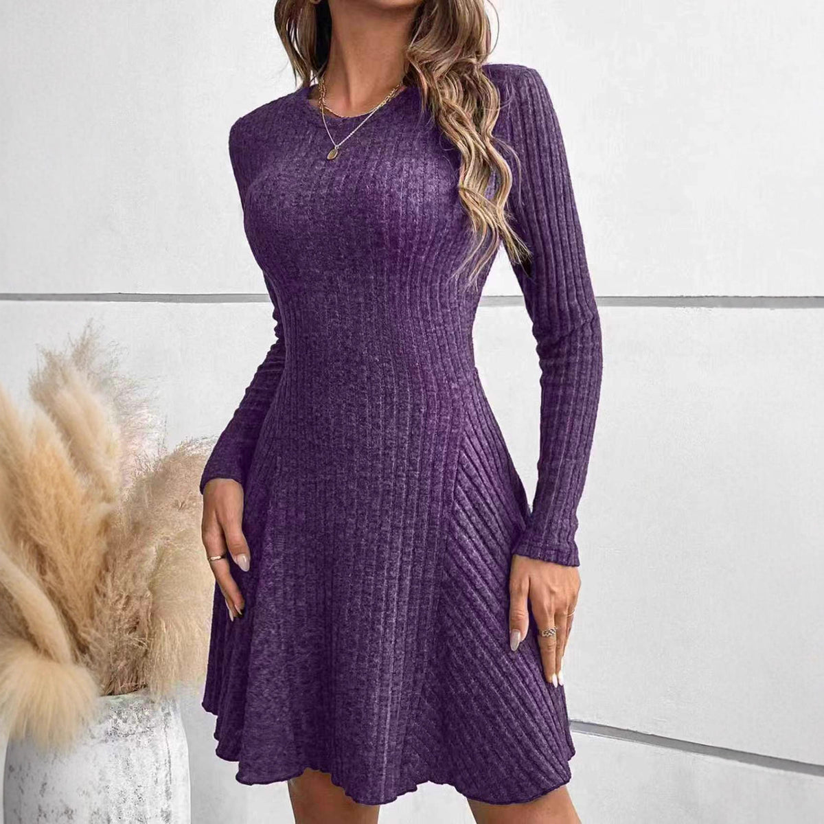 Womens Elegant Solid-color Rib-knit Crew-neck Long-sleeve Dress – Premium 0 | RICALOUX