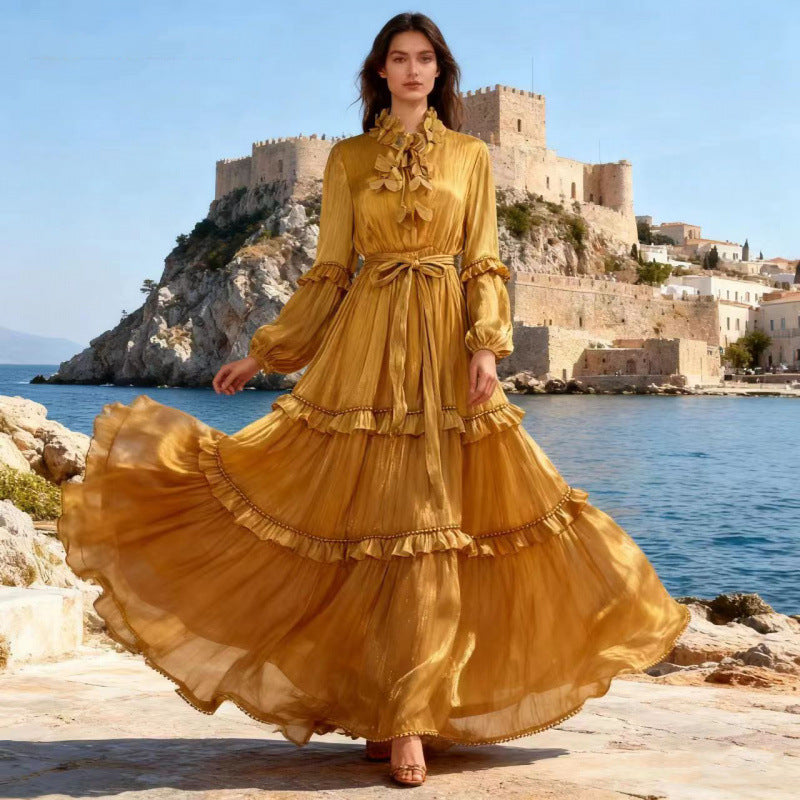 Pearl-trimmed Ruffled Flounce Solid-color Long Dress by Ricaloux