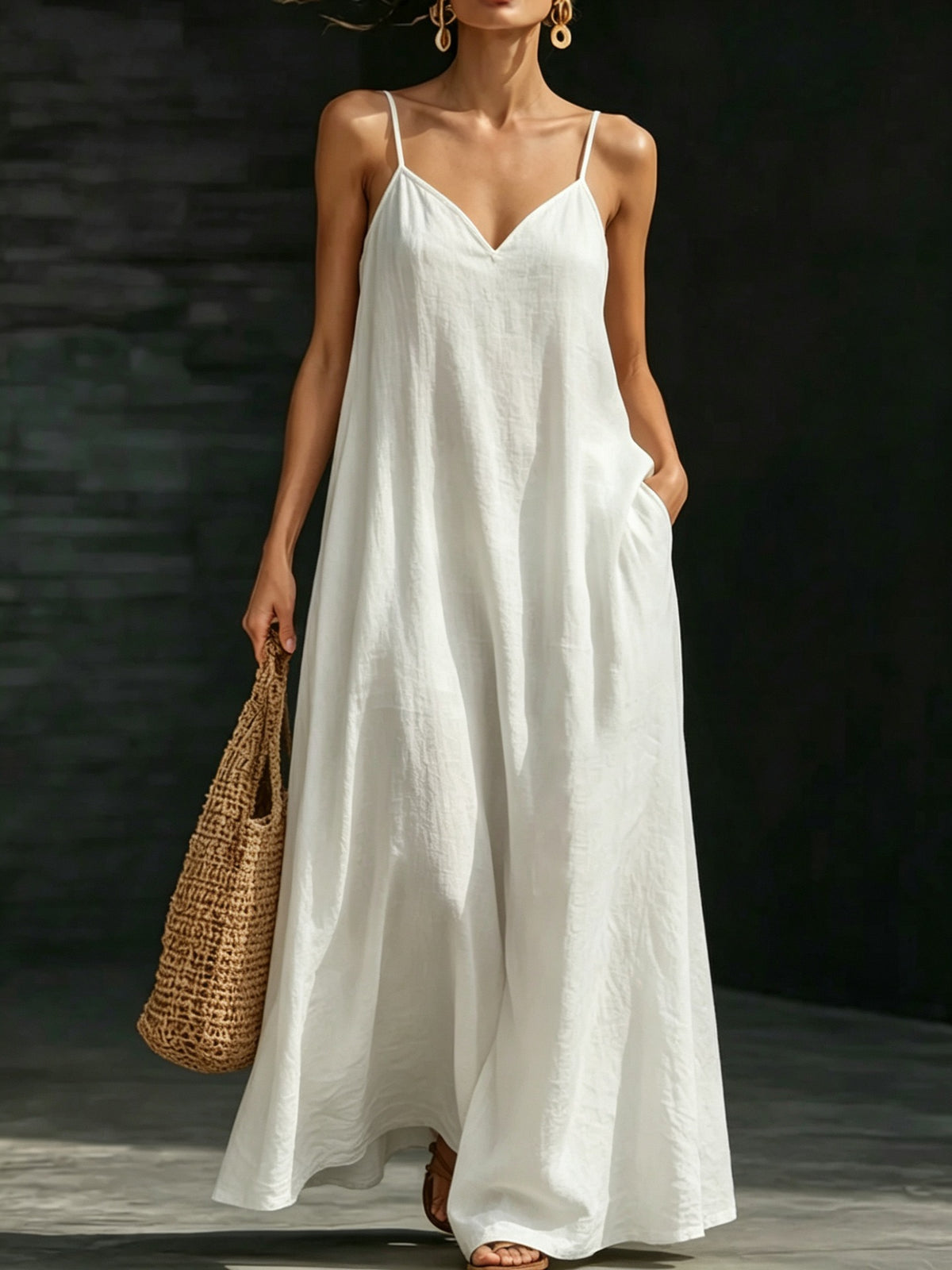 Summer V-Neck Spaghetti Strap Flowy Maxi Dress - Casual Fashion Solid Color Long Dress For Women Vaction Dress – Premium 4 | RICALOUX