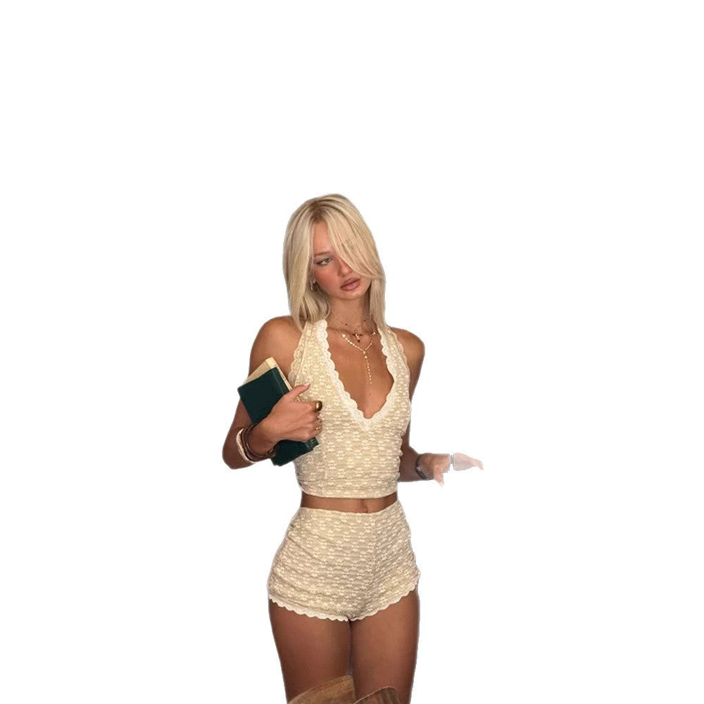 Sexy Chic Halter-top And Figure-hugging Lace-panelled Shorts by Ricaloux