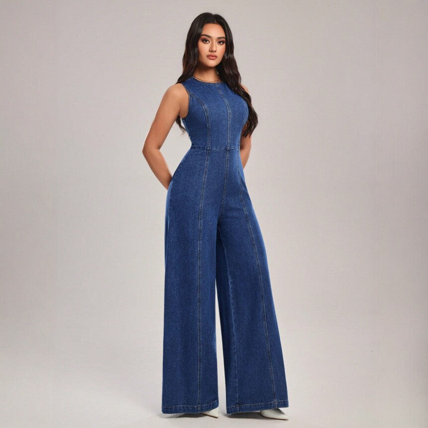 Denim Overalls Sleeveless Wide-leg Slim-fit Suspender Pants by Ricaloux