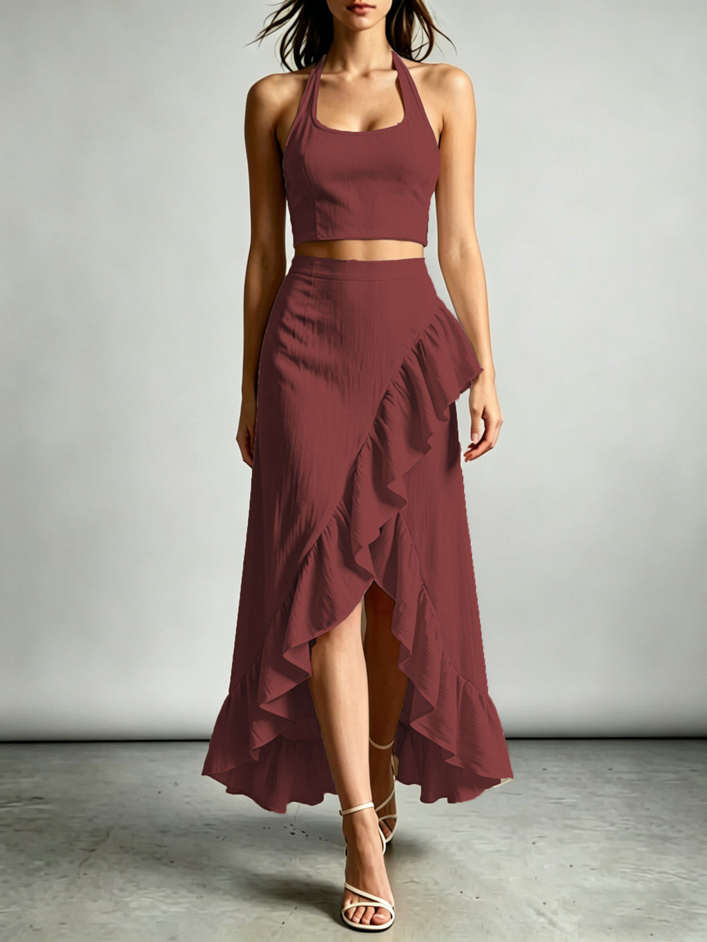 Womens Cropped Top With A High-waisted Ruffled Skirt by Ricaloux