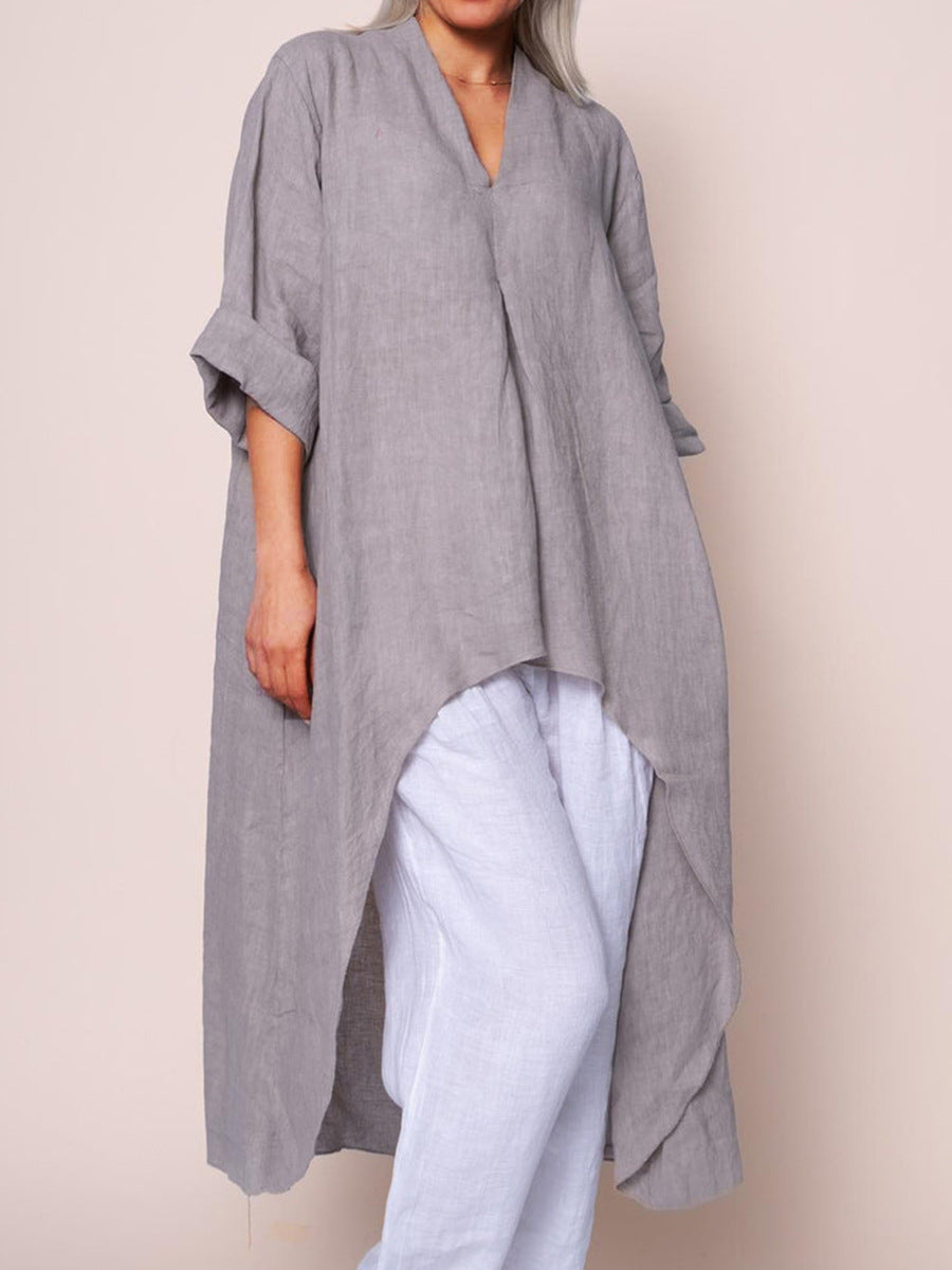 Womens Solid-Color V-Neck Asymmetric Long-Sleeve Shirt – Premium 0 | RICALOUX