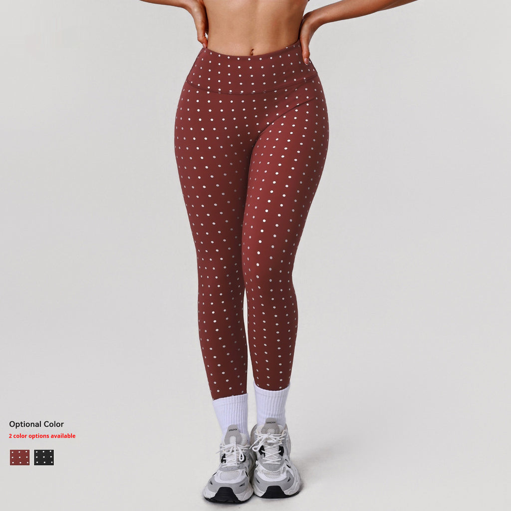 Womens High-Waisted Stretchy Silver-Hot-Stamped Polka-Dot Yoga Pants by Ricaloux