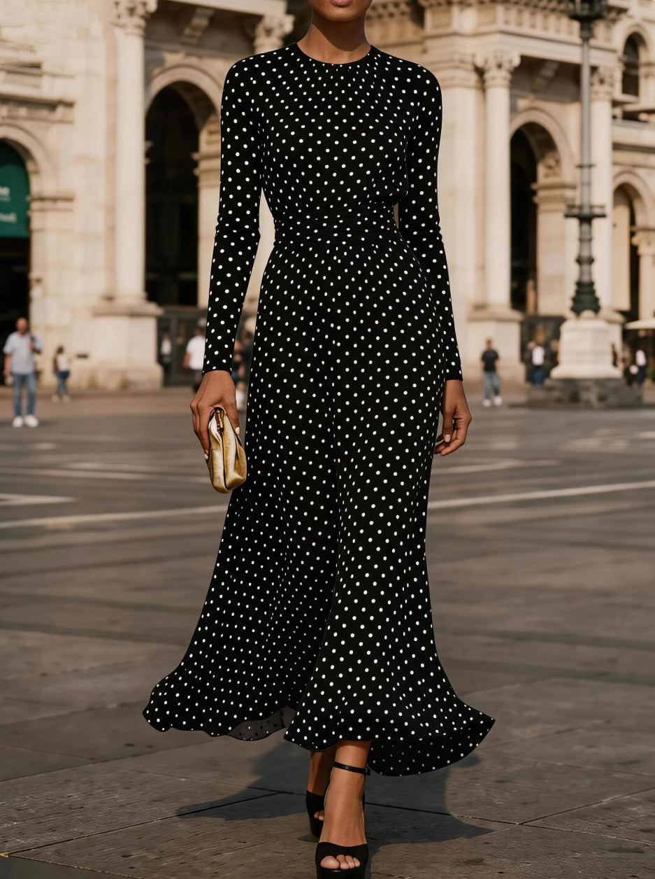 Round-neck Long-sleeve Polka-dot Sheath Dress – Premium 0 | RICALOUX