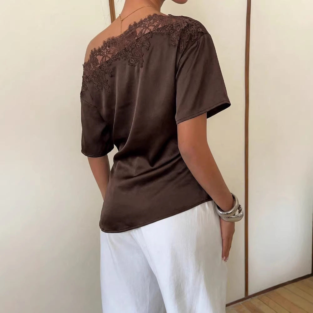Womens New Solid-color Lace-trimmed Top by Ricaloux