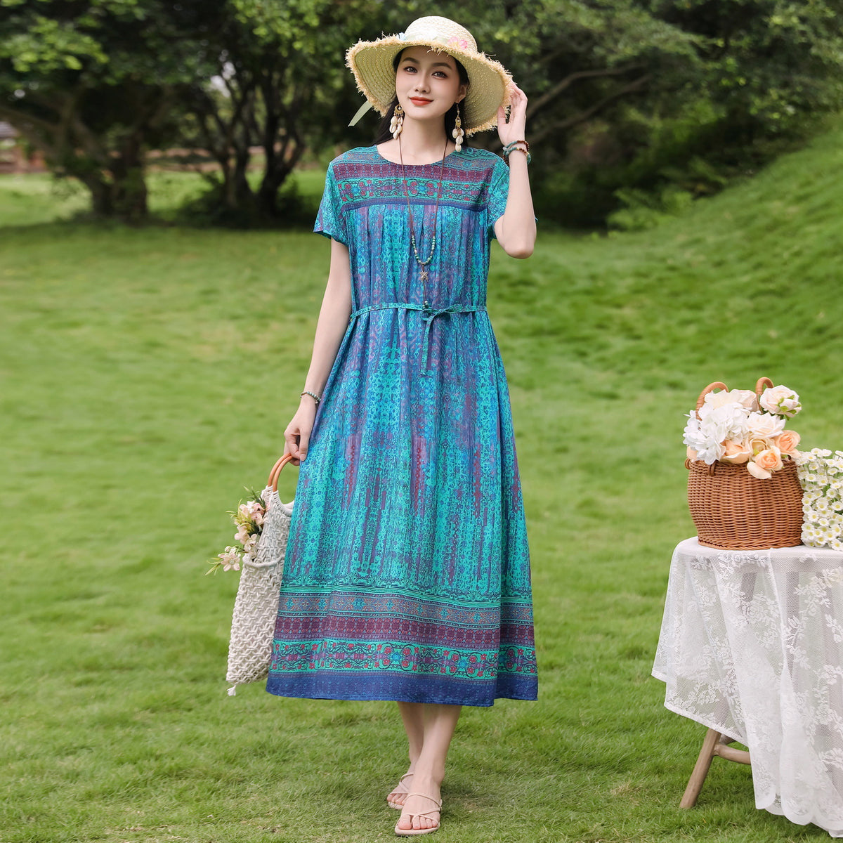 New Elegant Cotton Silk Dress For Middle Aged And Senior Women by Ricaloux