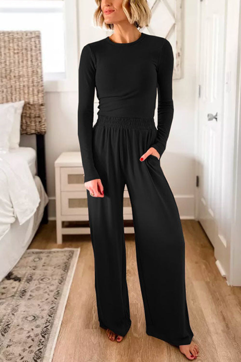 Womens Fashionable Two-Piece Long-Sleeve Wide-Leg Casual Set by Ricaloux
