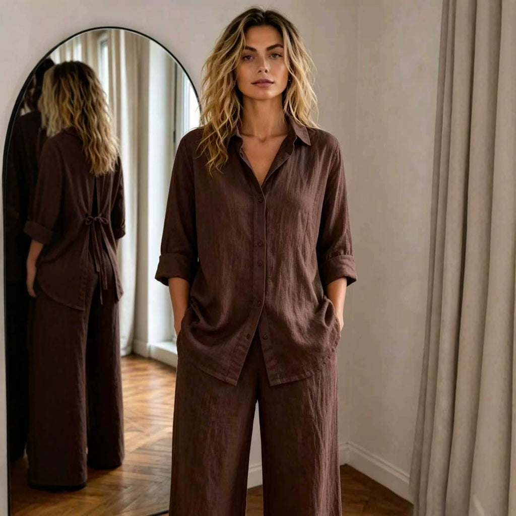 New Casual Solid-Color Trousers Summer Loose Single-Breasted Crepe Shirt Set by Ricaloux