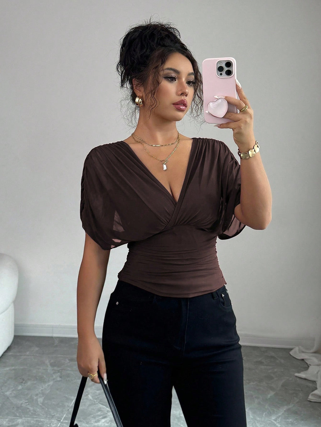 Deep V-neck Small Flying Sleeve Waist Ladies' Top by Ricaloux