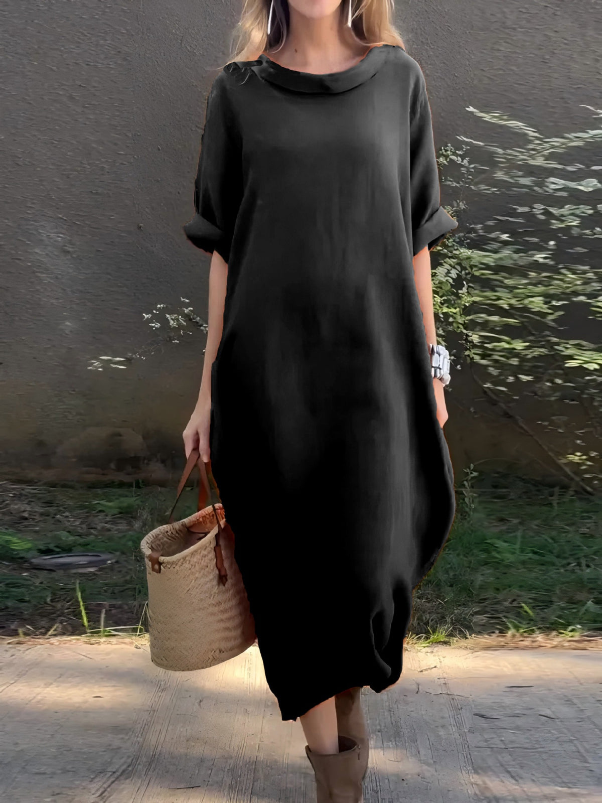Casual Loose-fitting Round-neck Mid-sleeve Maxi Dress With A Flared Hem – Premium 0 | RICALOUX
